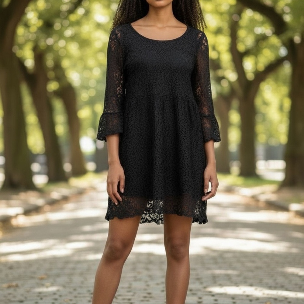 Black stretch lace vintage Y2K dress bell 3/4 sleeves  vampire whimsygoth